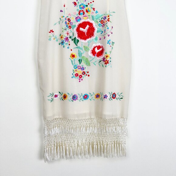 100% Silk Vintage Handmade Embroidered Floral Fringe Tassel Mini Midi Sun Dress - Picture 3 of 7